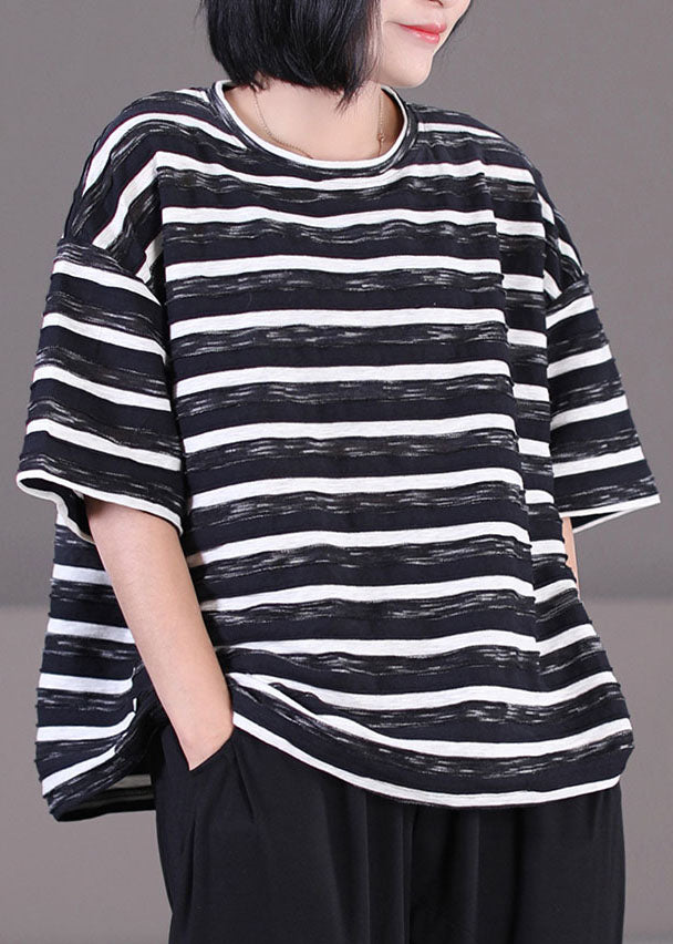 Women Black O-Neck Oversized Striped Cotton Tank Tops Short Sleeve