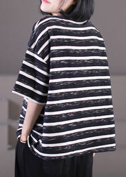 Women Black O-Neck Oversized Striped Cotton Tank Tops Short Sleeve