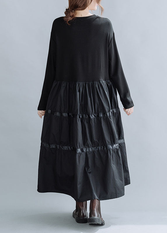 Women Black O-Neck Patchwork Cotton Dress Spring