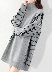 Women Black O-Neck Patchwork Knit Sweater Dress Winter