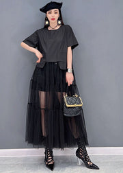 Women Black O-Neck Patchwork Tulle Long Dress Short Sleeve