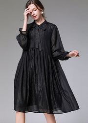 Women Black O-Neck Patchwork Wrinkled Chiffon Mid Dresses Long Sleeve