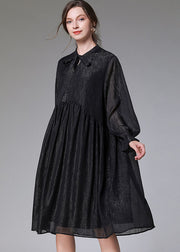 Frauen schwarz O-Ausschnitt Patchwork faltige Chiffon-Mid-Kleider mit langen Ärmeln