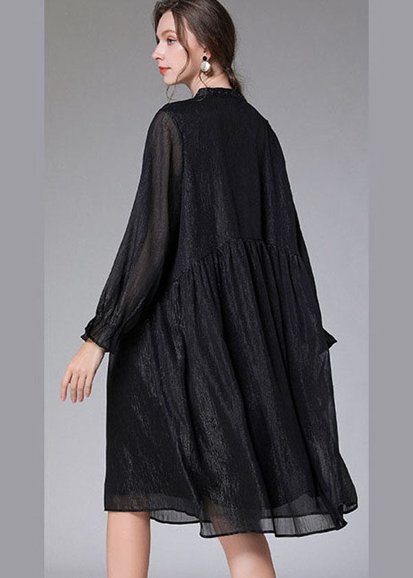 Women Black O-Neck Patchwork Wrinkled Chiffon Mid Dresses Long Sleeve