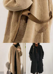 Women Black O Neck PocketsPatchwork Wool Coat Winter