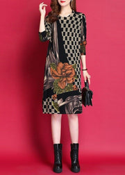 Women Black O-Neck Print Woolen Knitwear Dress Fall