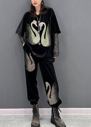 Women Black O-Neck Sequins Velour Top And Pants Two Pieces Set Winter