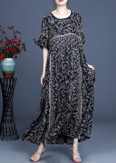 Women Black O-Neck Vintage Summer Silk Blended Maxi Dresses - SooLinen