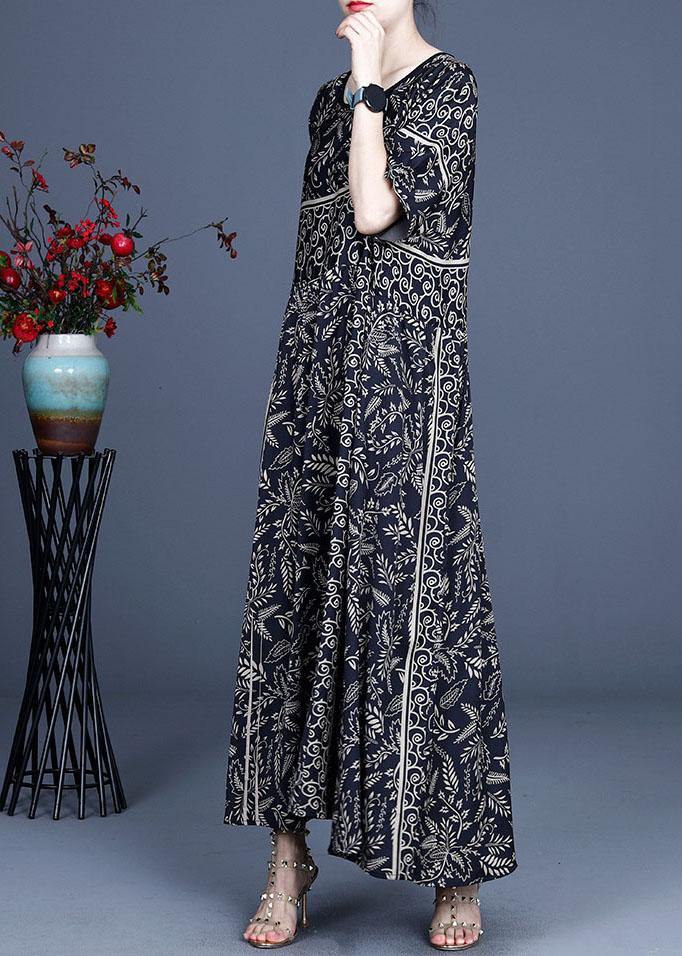 Women Black O-Neck Vintage Summer Silk Blended Maxi Dresses - SooLinen