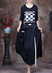 Frauen Schwarzer O-Ausschnitt, weiße karierte Applikation, übergroße Baumwoll-Sweatshirt-Kleider mit kurzen Ärmeln