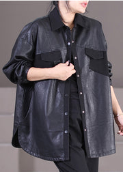 Women Black Oversized Patchwork Faux Leather Coat Outwear Spring