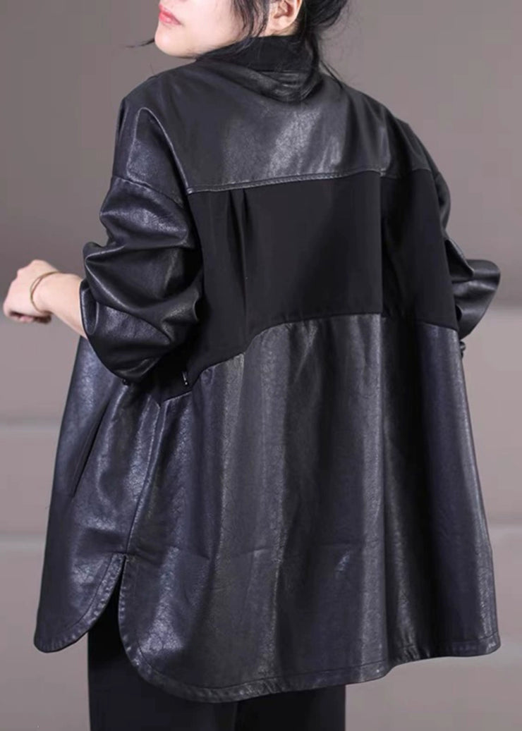 Women Black Oversized Patchwork Faux Leather Coat Outwear Spring