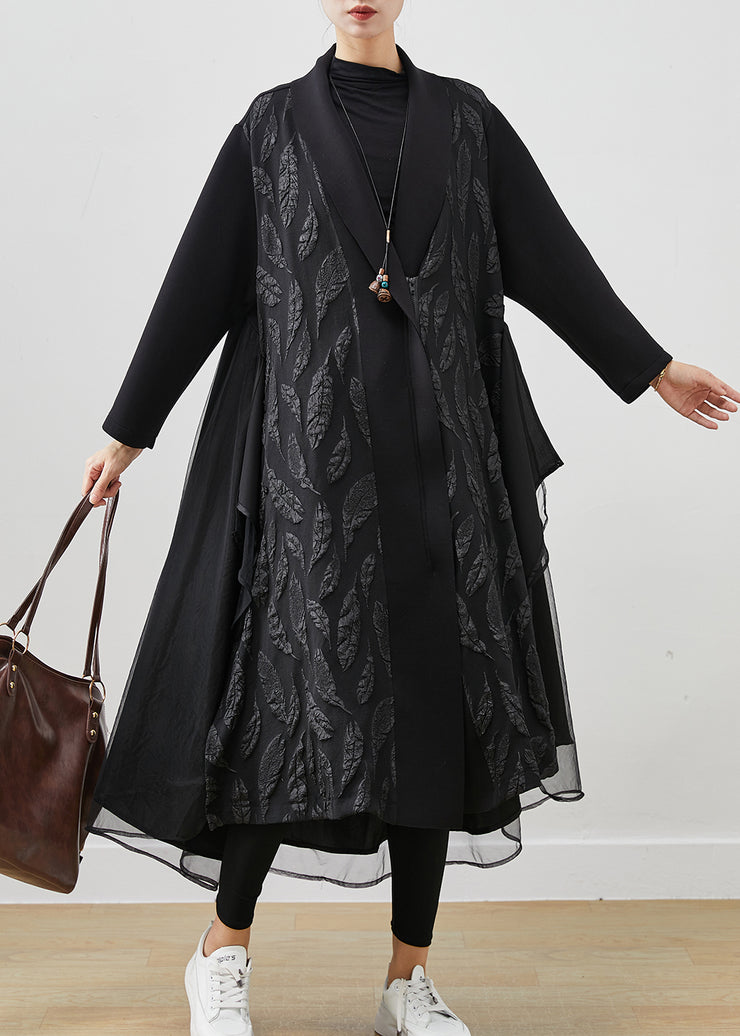 Women Black Oversized Patchwork Jacquard Cotton Trench Coats Spring