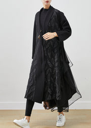 Women Black Oversized Patchwork Jacquard Cotton Trench Coats Spring