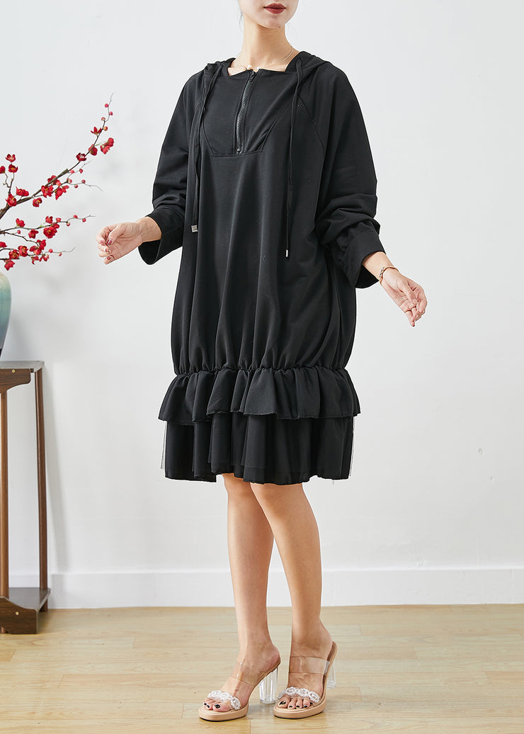 Women Black Oversized Patchwork Ruffles Cotton Dress Fall