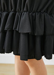 Women Black Oversized Patchwork Ruffles Cotton Dress Fall