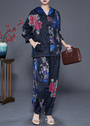 Women Black Oversized Print Chinese Button Two Pieces Set Fall