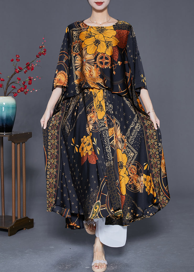 Women Black Oversized Print Silk Maxi Dresses Summer
