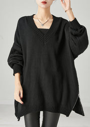Women Black Oversized Side Open Knit Sweaters Spring