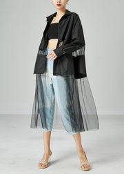 Women Black Oversized Tulle Patchwork Hollow Out Cotton Long Coat Summer