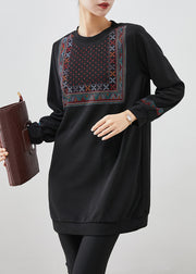 Women Black Oversized Zircon Cotton Sweatshirts Dress Fall