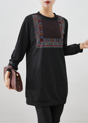 Women Black Oversized Zircon Cotton Sweatshirts Dress Fall