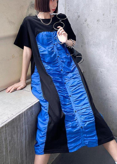 Women Black Patchwork Blue O-Neck Long Summer Cotton Dress - SooLinen