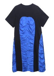 Women Black Patchwork Blue O-Neck Long Summer Cotton Dress - SooLinen