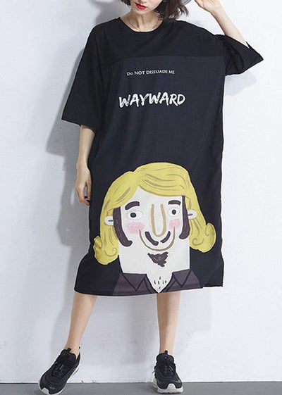 Women Black Patchwork Character Summer Maxi Dresses Half Sleeve - SooLinen