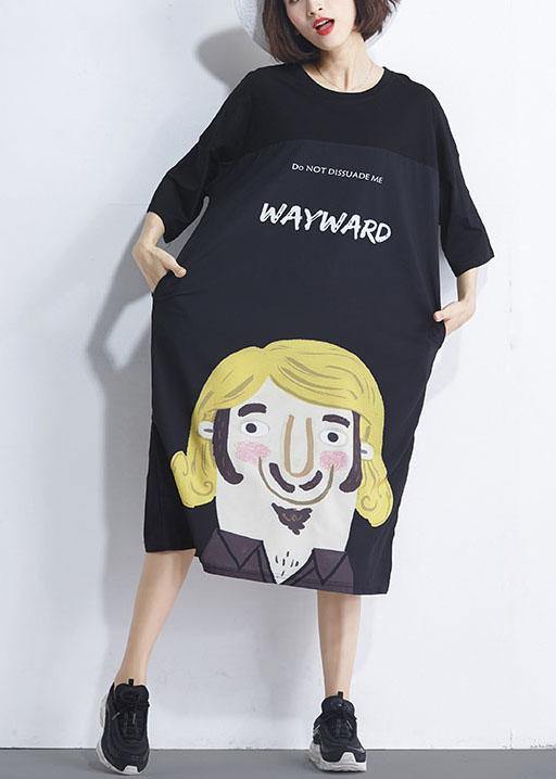 Women Black Patchwork Character Summer Maxi Dresses Half Sleeve - SooLinen
