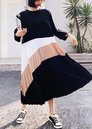 Women Black Patchwork Cinched Robe Spring Dresses - SooLinen