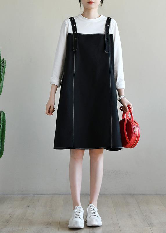 Women Black Patchwork Cotton Dress Two Piece Set Women Clothing - SooLinen