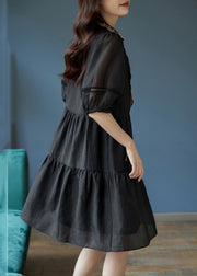 Women Black Patchwork Cotton Mid Dress Puff Sleeve