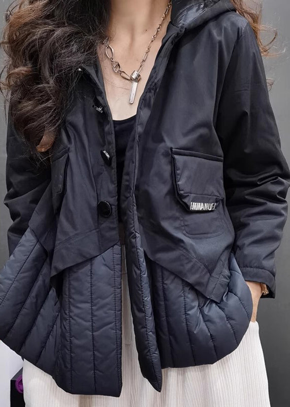 Women Black Patchwork Fine Cotton Filled Hooded Jacket Long Sleeve