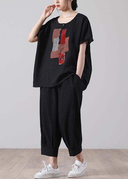 Women Black Patchwork Shirt Short Sleeve Cotton Linen - SooLinen