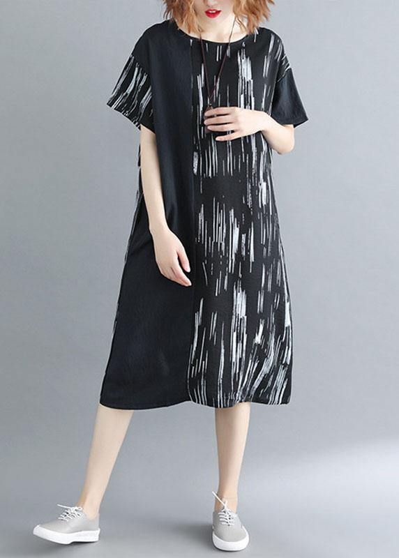 Women Black Patchwork Striped O Neck Cotton Maxi Dresses - SooLinen