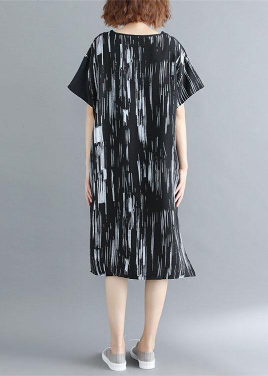 Women Black Patchwork Striped O Neck Cotton Maxi Dresses - SooLinen