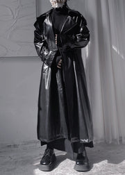 Women Black Peter Pan Colla Patchwork Sashes Faux Leather Long Trench Coats Long Sleeve