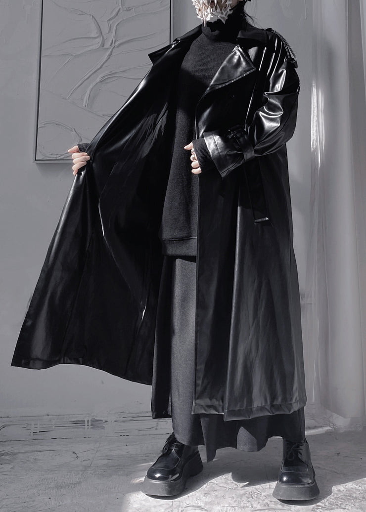Women Black Peter Pan Colla Patchwork Sashes Faux Leather Long Trench Coats Long Sleeve
