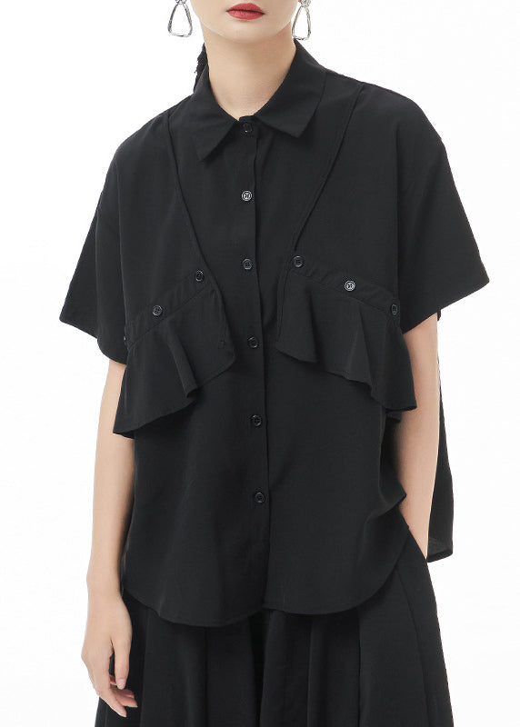 Women Black Peter Pan Collar Asymmetrical Design Shirt Tops Short Sleeve