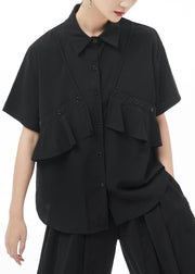 Damen Schwarz Peter Pan Kragen Asymmetrisches Design Shirt Tops Kurzarm