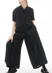 Women Black Peter Pan Collar Asymmetrical Design Shirt Tops Short Sleeve
