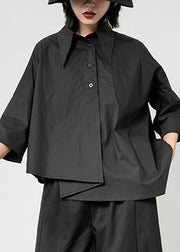 Women Black Peter Pan Collar Asymmetrical Patchwork Button Pockets Shirt Long Sleeve