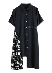 Women Black Peter Pan Collar Asymmetrical Print Patchwork shirt Dresses Half Sleeve