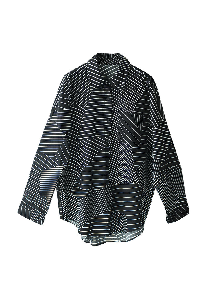 Women Black Peter Pan Collar Asymmetrical Striped Button Low High Design Cotton Shirt Long Sleeve