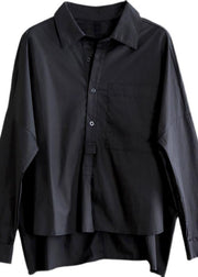 Women Black Peter Pan Collar Button Cotton Shirt Summer - SooLinen