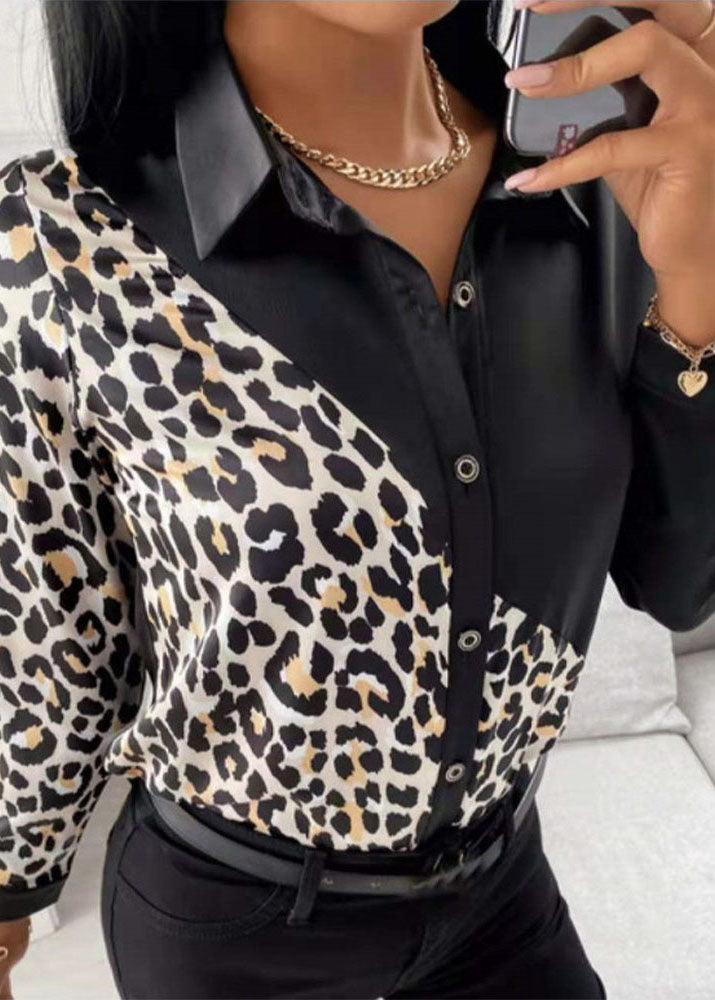 Women Black Peter Pan Collar Patchwork Leopard Print Silk Shirts Long Sleeve