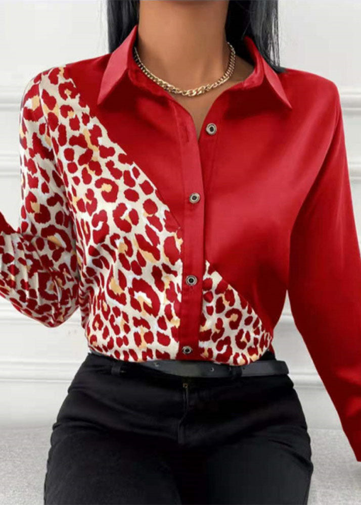 Women Black Peter Pan Collar Patchwork Leopard Print Silk Shirts Long Sleeve