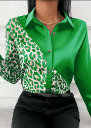 Damen Schwarz Peter Pan Kragen Patchwork Leopard Print Seidenhemden Langarm
