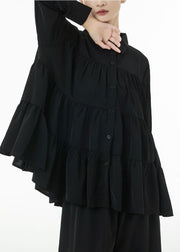 Women Black Peter Pan Collar Patchwork Wrinkled Cotton Blouses Spring